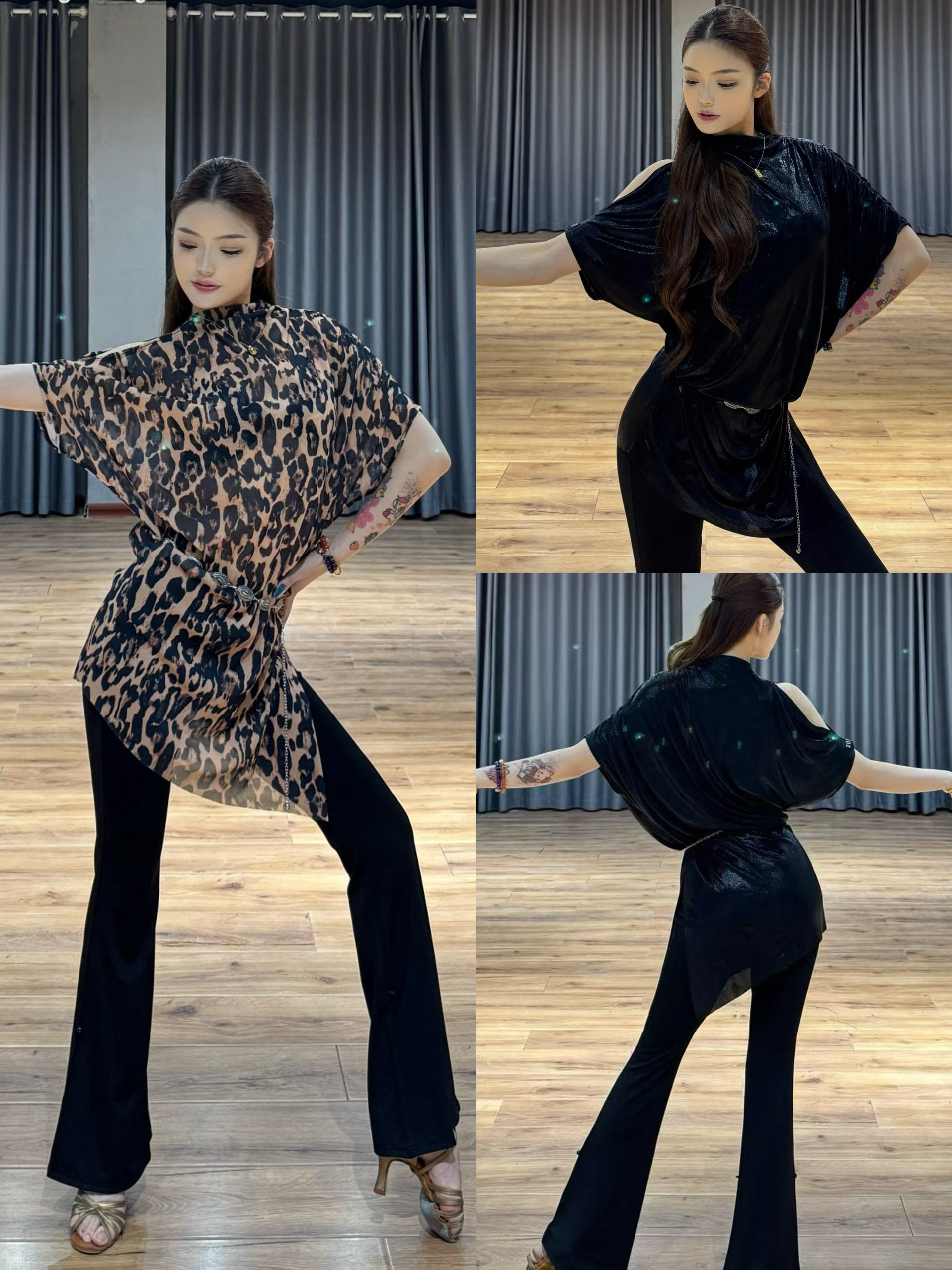 Ella-d拉丁舞服短袖高领罩衫上衣黑色网纱豹纹大衫教课练舞表演女