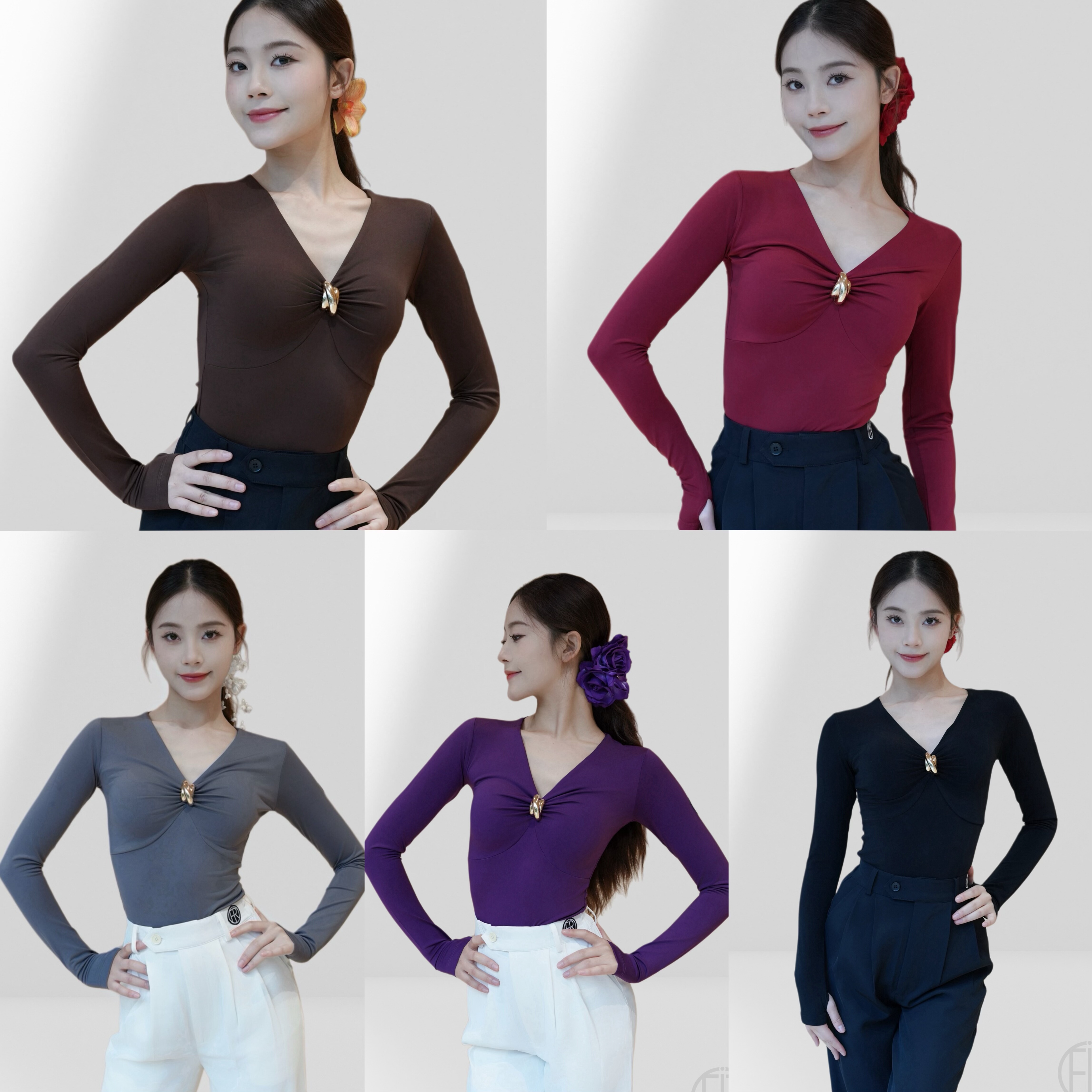 Fairy拉丁舞服金属扣V领长袖连体上衣黑棕红紫灰色练舞教课女成人