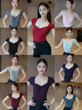 Loyal拉丁舞服小飞袖短袖V领上衣连体衣黑红蓝紫粉灰色练舞艺考女