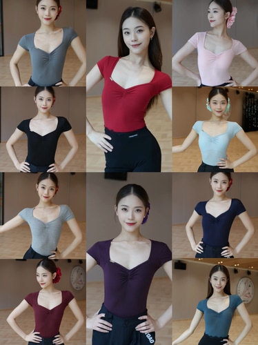 Loyal拉丁舞服小飞袖短袖V领上衣连体衣黑红蓝紫粉灰色练舞艺考女