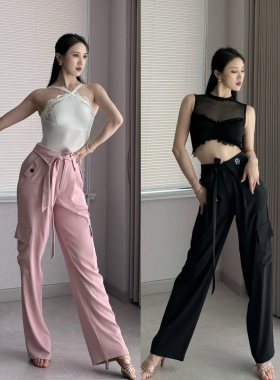 Fairy拉丁舞服粉色黑色工装口袋裤子系带长裤女士练舞教课表演服