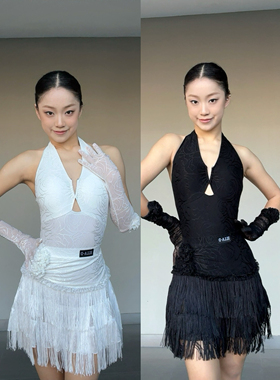Ella-d拉丁舞服玫瑰蕾丝上衣流苏半身裙黑白色套装艺考练舞表演女