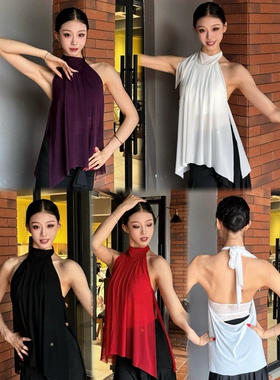 Loyal摩登拉丁舞服无袖系带挂脖上衣网纱连体衣黑红白紫色标准女