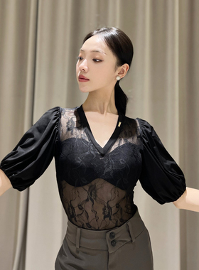 Loyal拉丁舞服复古法式泡泡袖短袖蕾丝上衣摩登艺考表演练功服女