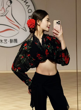 Loyal拉丁舞服玫瑰印花网纱长袖上衣短款罩衫外套练舞艺考表演女