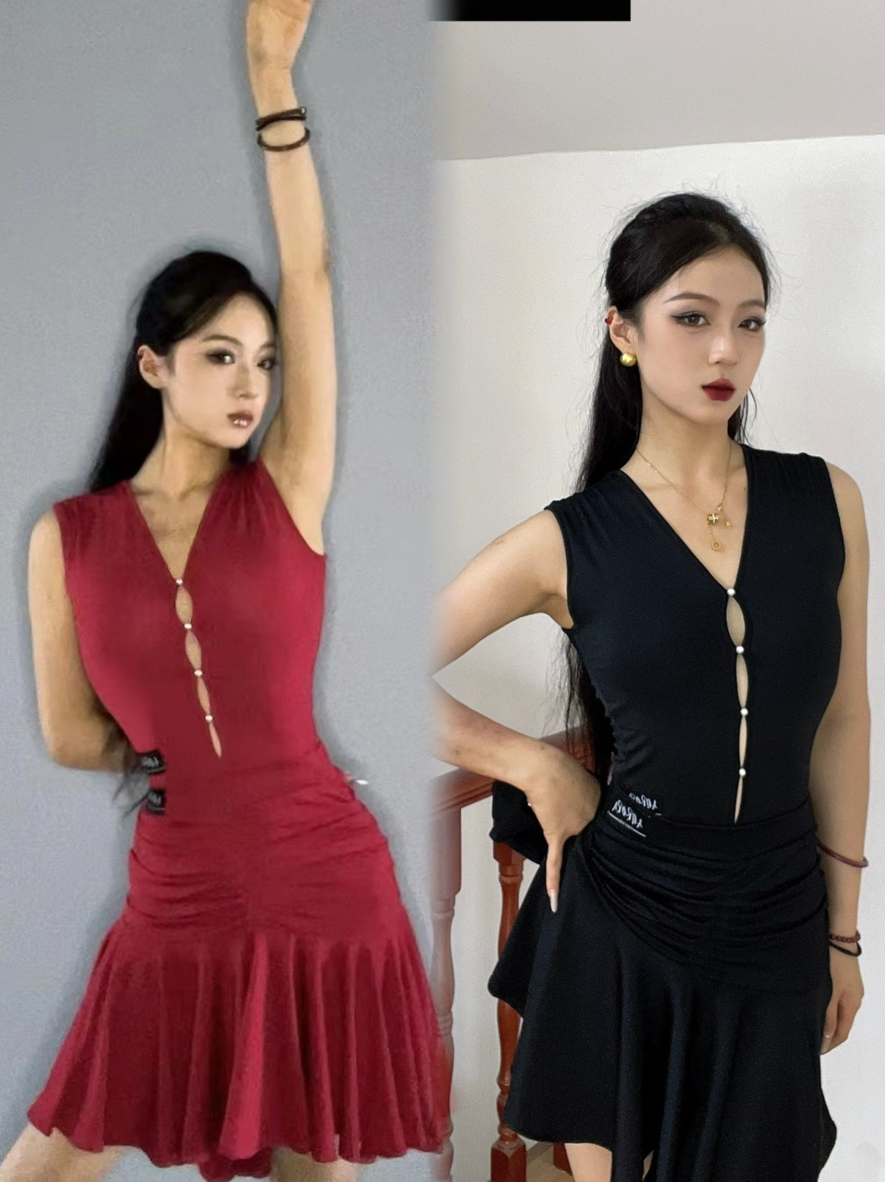 AURORA拉丁舞服露洞珍珠无袖上衣荷叶边半身裙黑红色艺考表演女士