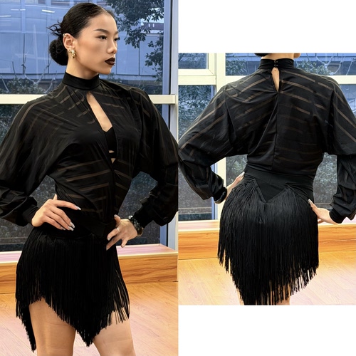 Loyal拉丁舞服灯笼袖镂空半透明上衣黑色流苏半身裙练舞表演女士