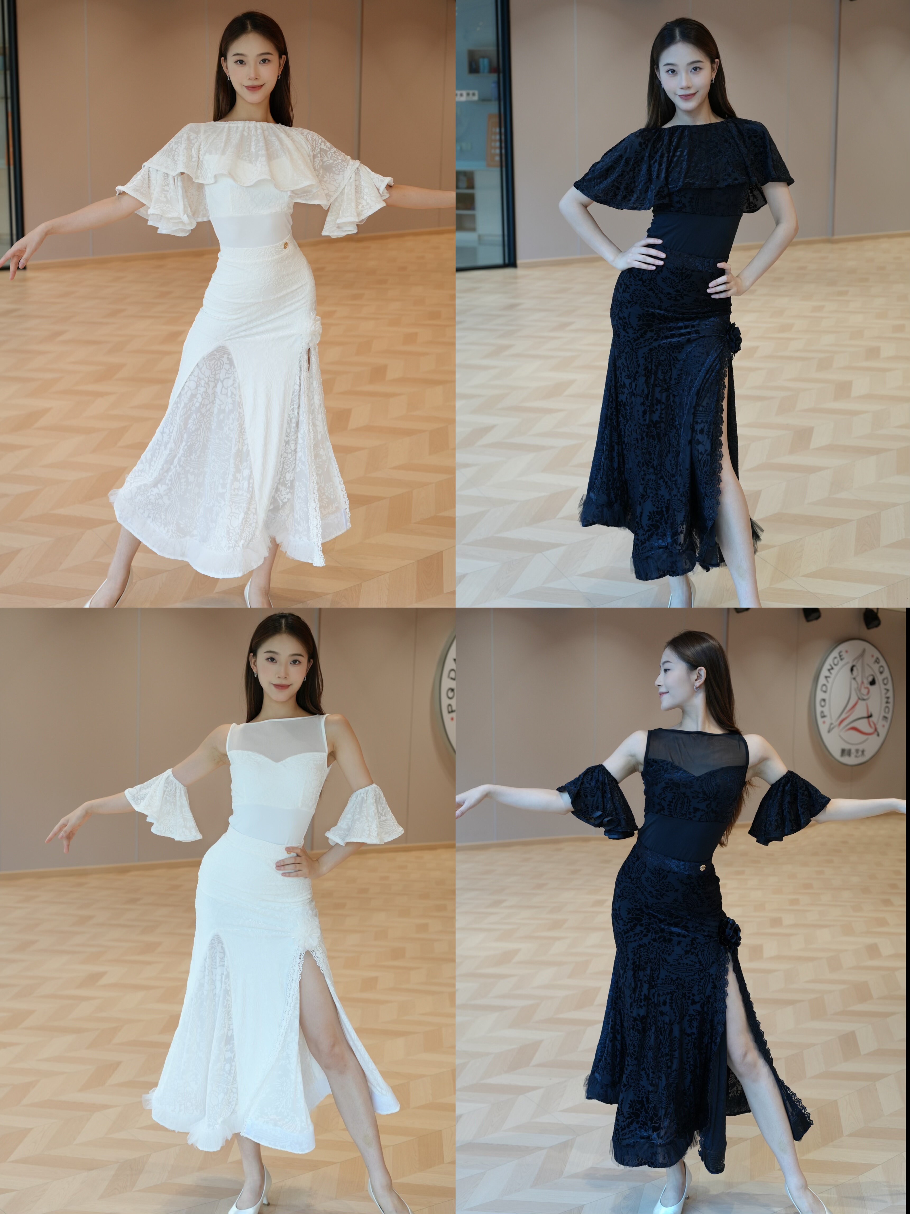 Fairy摩登舞服黑白色套装烧花植绒无袖上衣鱼骨长裙表演成人女