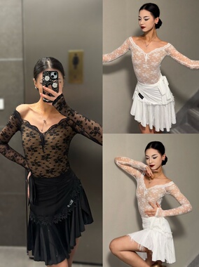 ELLA-D拉丁舞服蕾丝一字肩长袖连体衣花边流苏臀巾套装黑白色表演