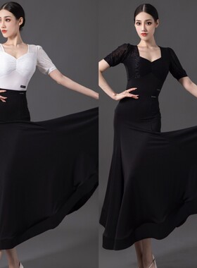 Ella-d拉丁舞服黑色白色山茶花短袖上衣摩登鱼骨半身裙艺考表演女