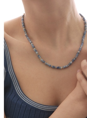 新中式国潮波西米亚复古潮流蓝色晕染天然石项链青花瓷竹节锁骨链