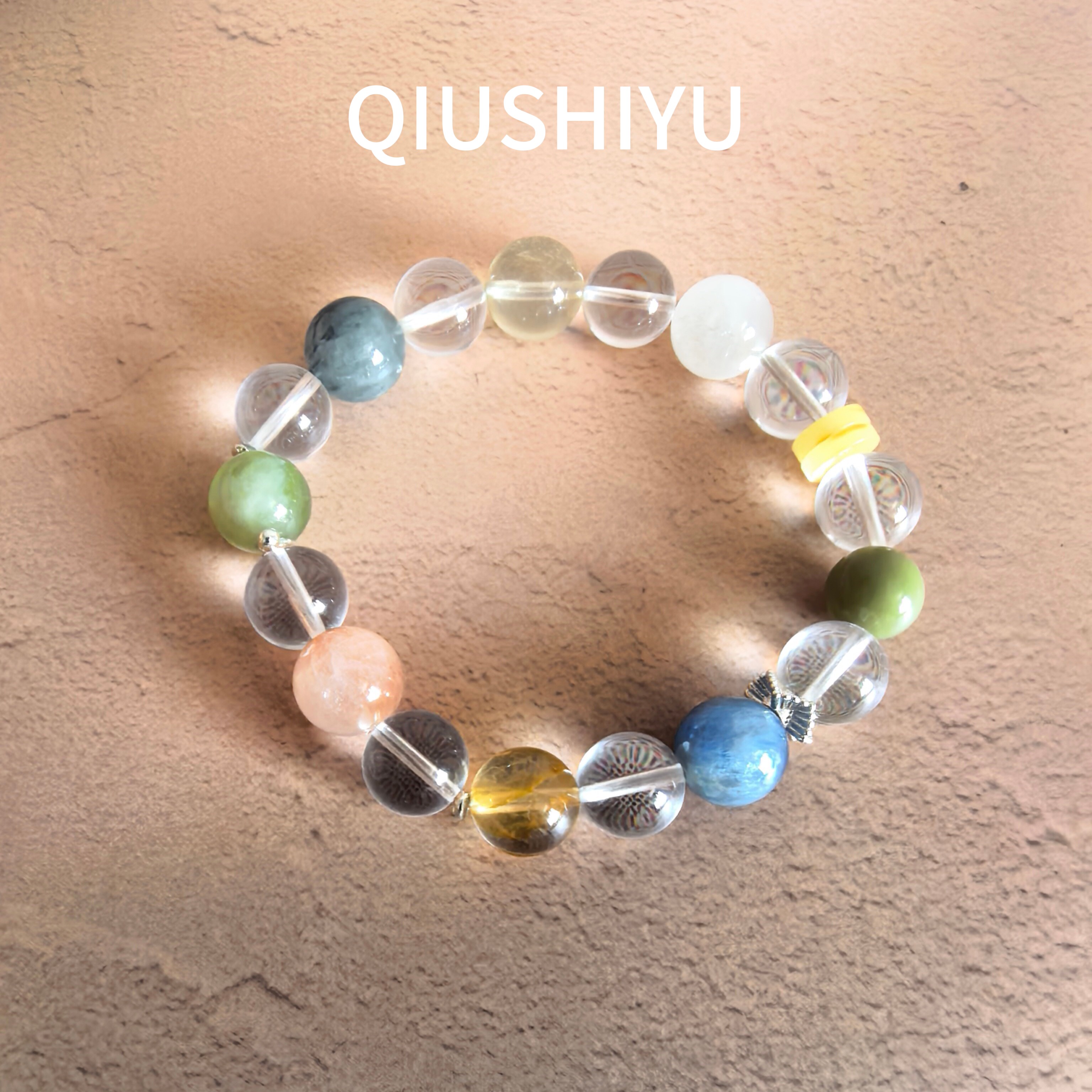 秋莳屿原创天然白水晶彩色兔毛蓝晶石蜜蜡多宝手串高品手链礼物