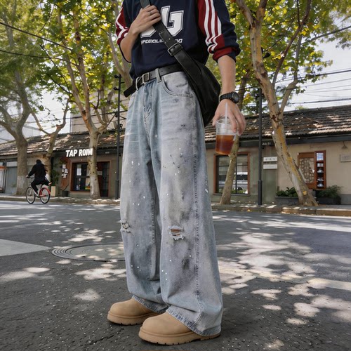 夏季新款浅蓝色扎染破洞牛仔裤男生美式高街潮牌宽松直筒阔腿长裤