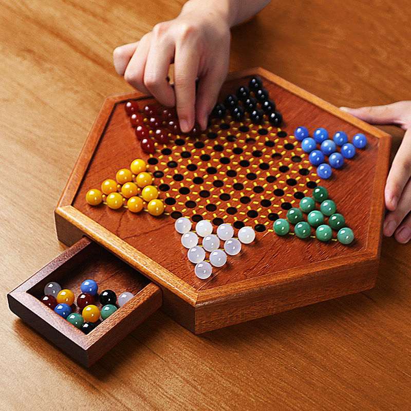 儿童益智跳棋玻璃珠与木质棋盘加大款附收纳袋 天然玛瑙棋子木质