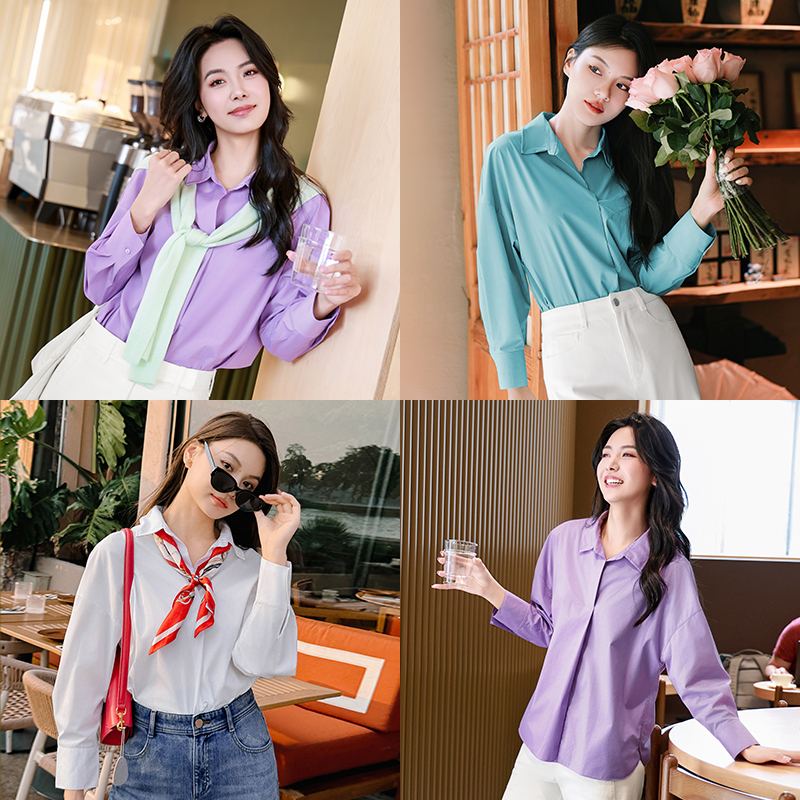 谭飞鱼骨衬衫高级纯色上衣宽松版