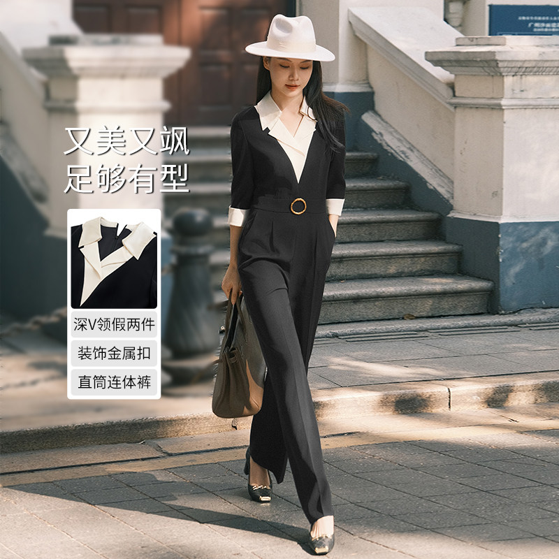 谭飞时装【领袖连体裤】v领撞色拼接直筒裤夏季新款时尚气质女装