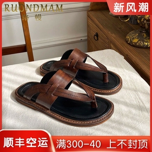 夏季 男潮流夹脚鞋 人字拖鞋 RUONDMAM男士 英伦防滑外穿潮流真皮凉鞋