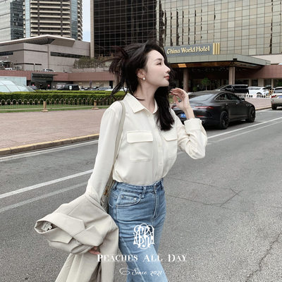 进口醋酸米白樱花粉正肩通勤衬衫