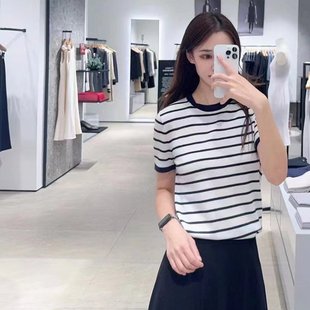 女装 T恤上衣女 春夏新款 百搭撞色休闲条纹羊毛针织圆领短袖