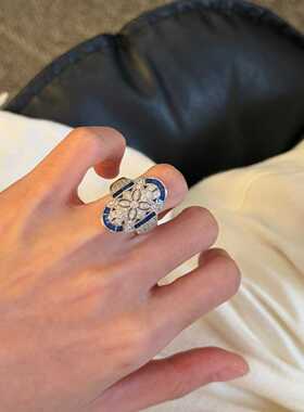 复古轻奢蓝钻满钻戒指女小众设计高级感重工锆石开口食指戒指环