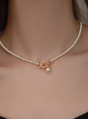 百搭天鹅颈正圆强光珍珠项链女美娅感简约ot扣锁骨链