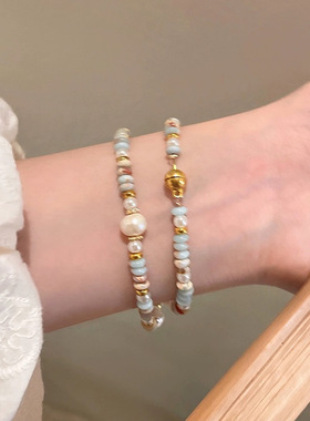 仿天然寿山石珍珠手链女轻奢小众精致手串高级感弹力绳串珠手饰品