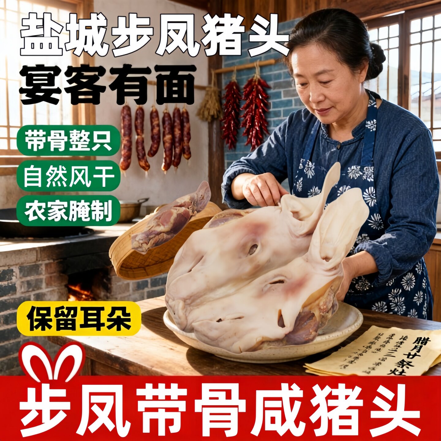 盐城咸猪头肉耳朵口条整只带骨猪脸皮嘴风干腊肉年货农家特产步凤