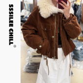 大毛领宽松加厚保暖短款 612014 复古焦糖色牛仔外套女冬季 夹克