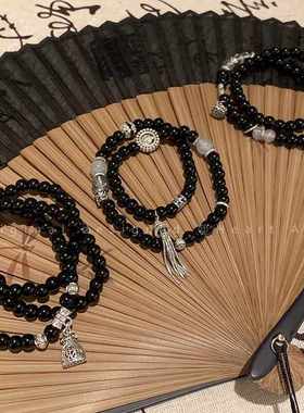 新中式山鬼花钱黑色串珠手女新国风黑曜石手串手饰