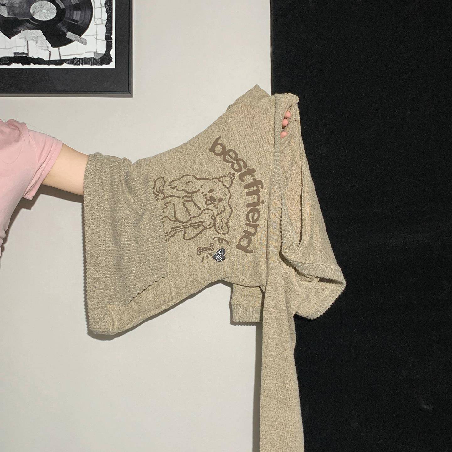 V领连帽小狗印花长袖针织衫女装卫衣早秋穿搭内搭打底衫修身上衣