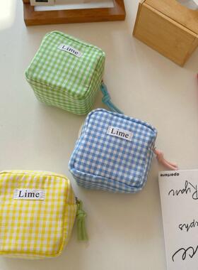 创意简约ins风棉布格子小方包多功能零钱收纳包女生化妆包杂物袋