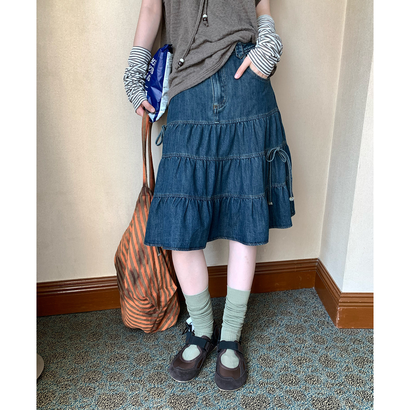 尺尺间Lsland韩系水洗做旧牛仔半身裙女夏季新款高腰A字蓬蓬中裙