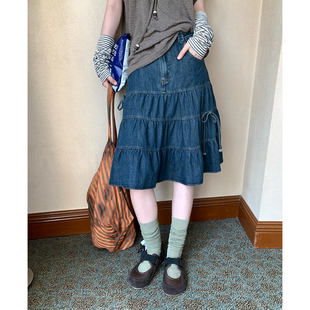 尺尺间Lsland韩系水洗做旧牛仔半身裙女夏季新款高腰A字蓬蓬中裙
