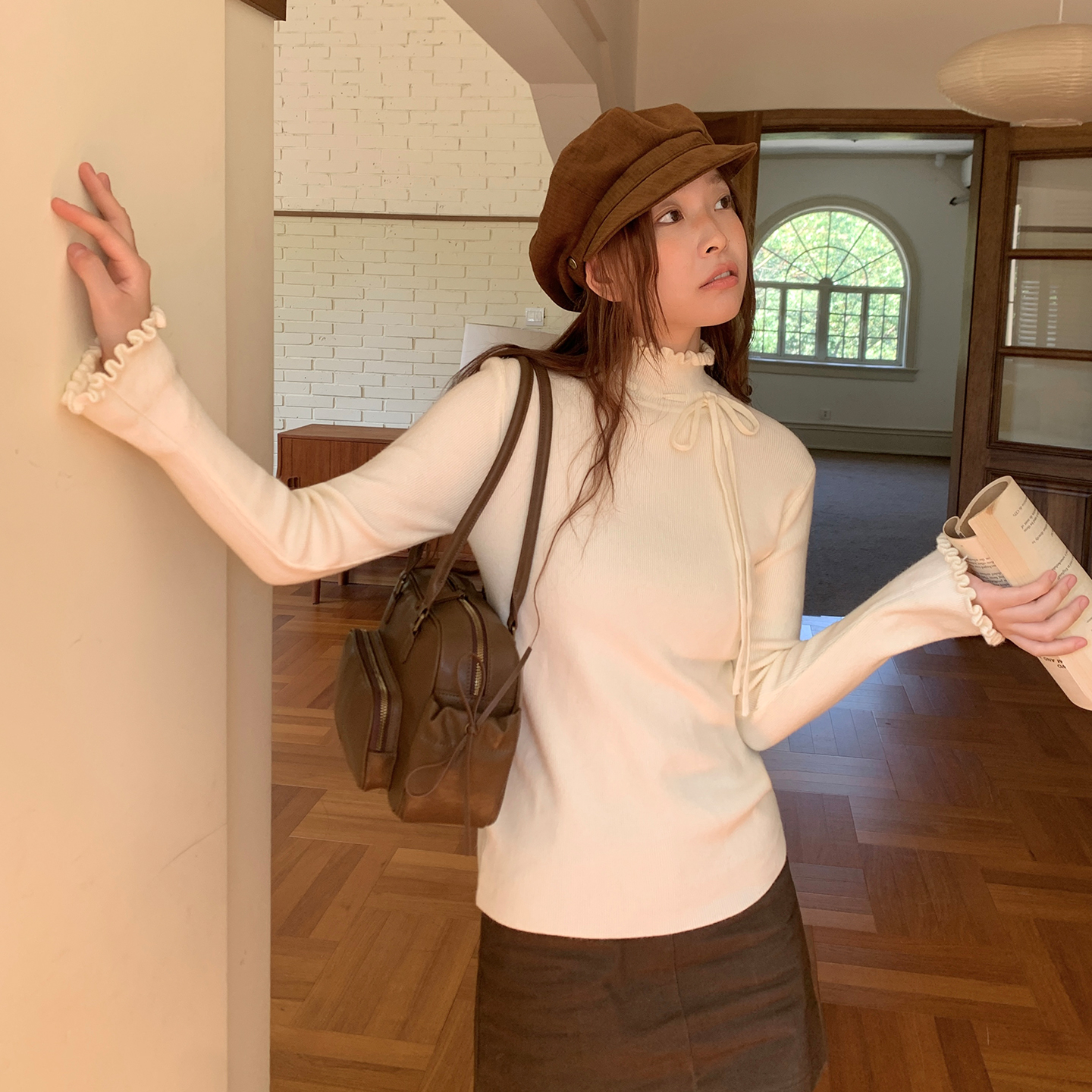 尺尺间Lsland 韩系设计感高领针织毛衣女秋冬新款木耳边修身上衣