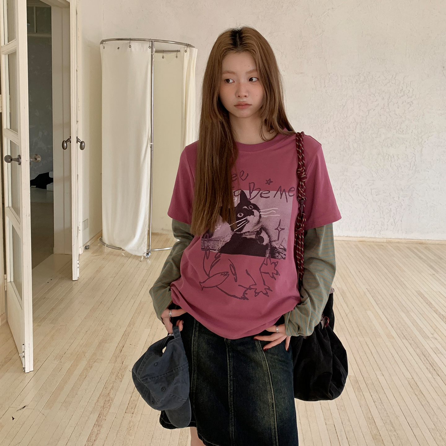 尺尺间Lsland复古印花假两件长袖t恤女秋季新款设计感宽松上衣