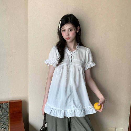 尺尺间Lsland韩系木耳边短袖衬衫女夏季新款泡泡袖荷叶边宽松衬衣