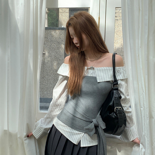 尺尺间Lsland条纹拼接一字肩长袖衬衫女秋新款设计感绑带修身衬衣