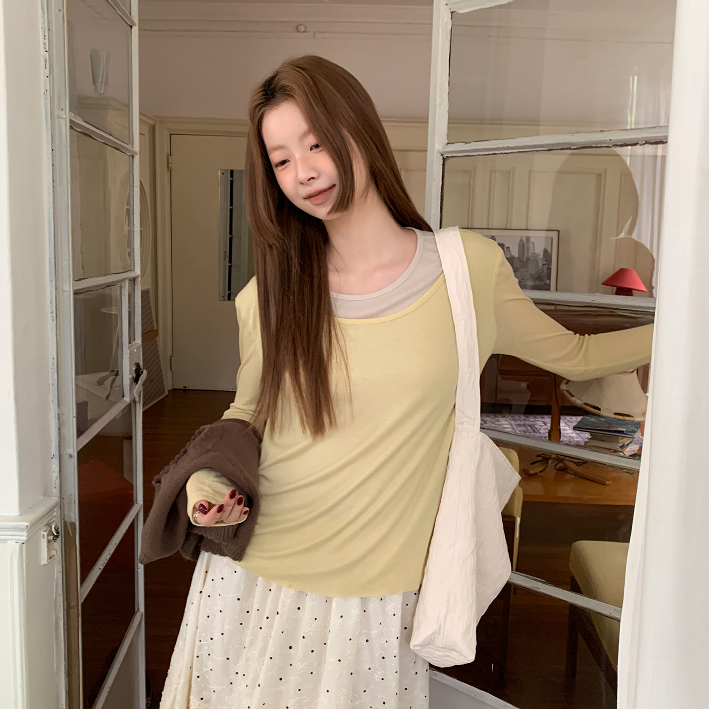 尺尺间Lsland拼接假两件长袖t恤女秋季新款软糯慵懒风宽松上衣