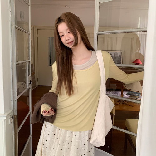 尺尺间Lsland拼接假两件长袖t恤女秋季新款软糯慵懒风宽松上衣