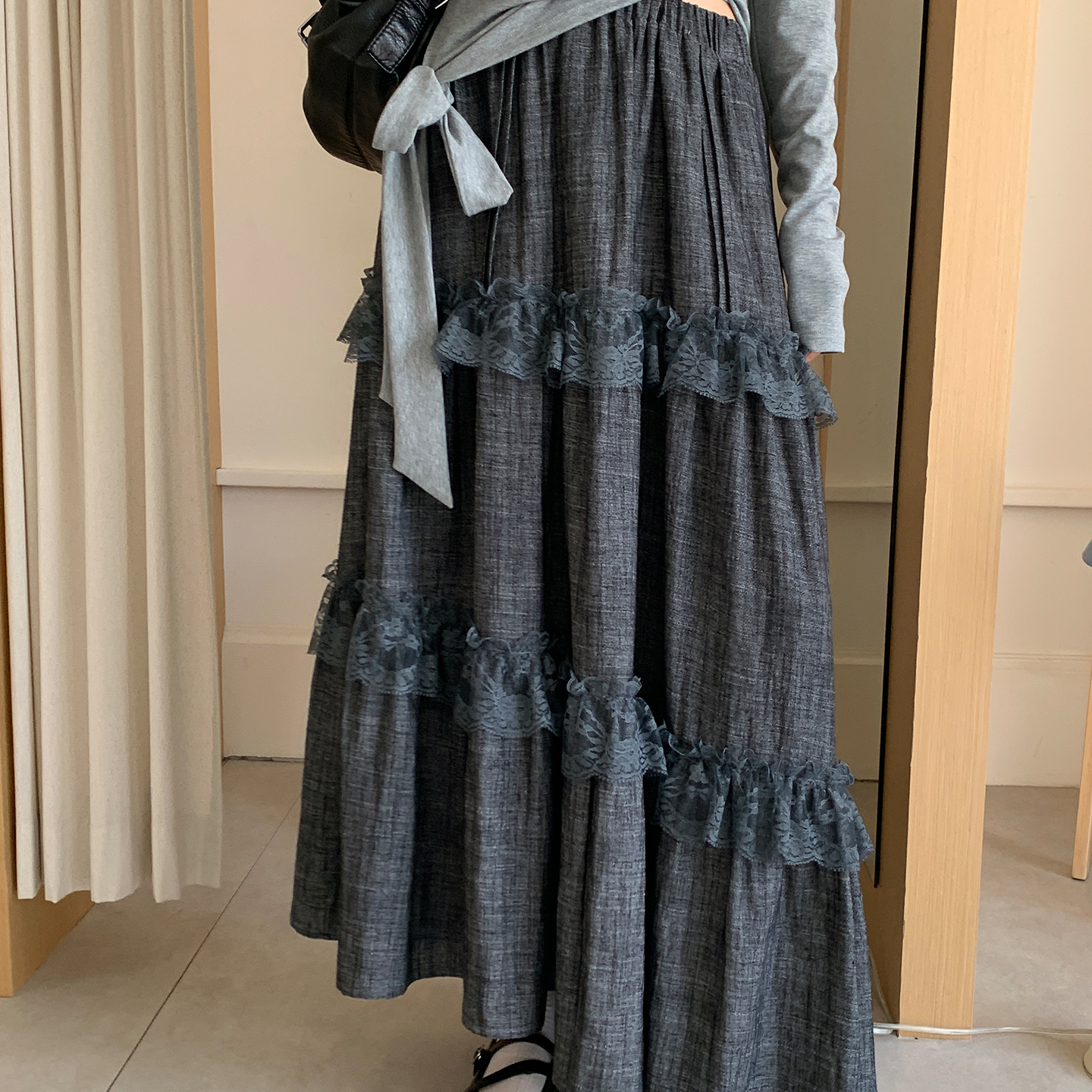 尺尺间Lsland复古肌理感斜花边半身裙女秋季新款高腰设计感长裙