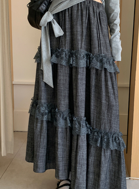 尺尺间Lsland复古肌理感斜花边半身裙女秋季新款高腰设计感长裙