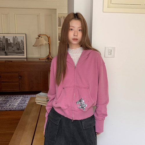 尺尺间Lsland复古水洗连帽卫衣外套女秋季新款短款毛边设计感开衫