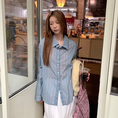 尺尺间Lsland复古蓝色格子衬衫外套女秋季新款宽松文艺慵懒风衬衣