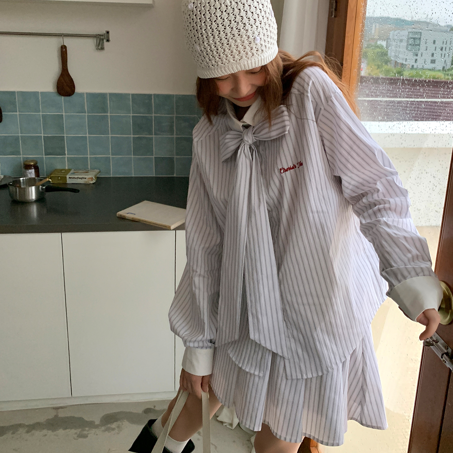 尺尺间Lsland  韩系设计感蝴蝶结长袖衬衫女秋季新款百褶半裙套装