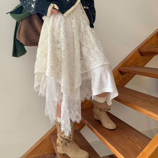 尺尺间Lsland韩系复古不规则蕾丝半身裙女春秋新款设计感a字长裙