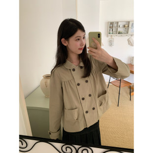 尺尺间Lsland韩系娃娃领双排扣风衣女秋季新款温柔风褶皱宽松外套