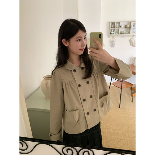 尺尺间Lsland韩系娃娃领双排扣风衣女秋季新款温柔风褶皱宽松外套
