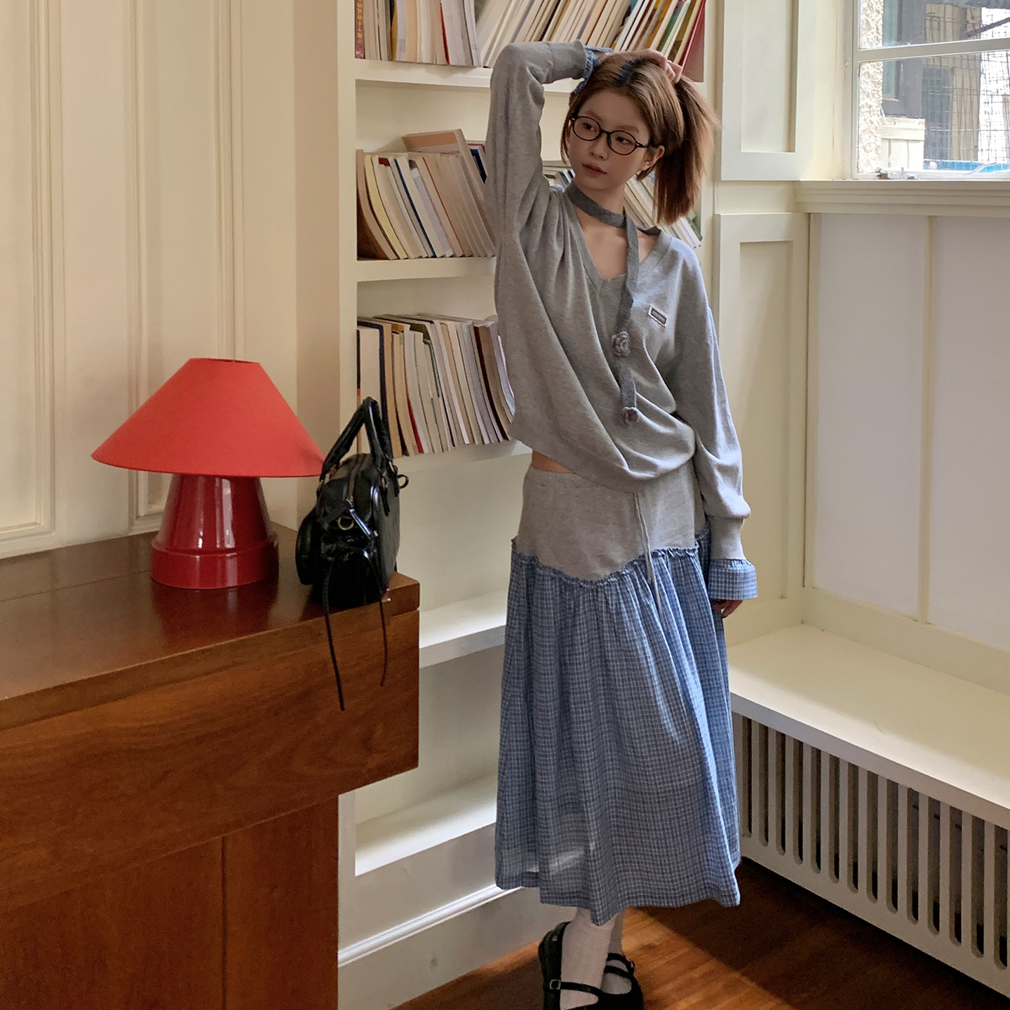 尺尺间Lsland复古毛织拼接格纹半身裙女秋季新款小众设计感中长裙