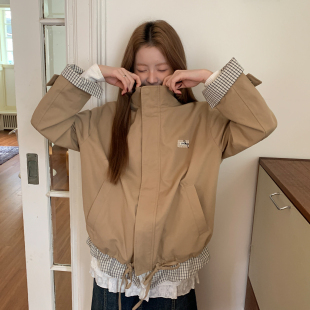 尺尺间Lsland复古格纹拼接立领夹克风衣女秋季 设计感宽松外套 新款