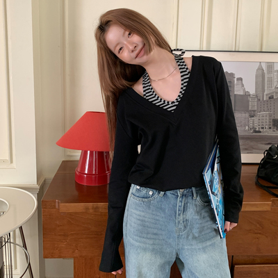 尺尺间Lsland条纹挂脖假两件长袖卫衣女秋新款设计感宽松显瘦上衣